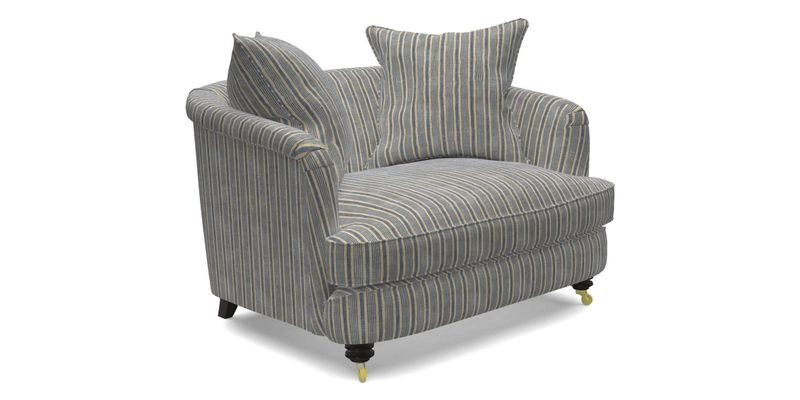 Helmsley Snuggler in V&A Threads of India Opulent Velvets Forest Creatures Hunter piping in Swiss Velvet Olive and scatter in Stockport Stripe Flame