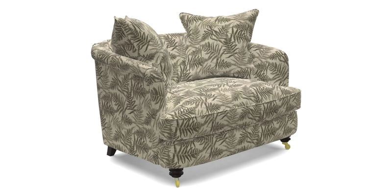 Helmsley Snuggler in V&A Threads of India Opulent Velvets Forest Creatures Hunter piping in Swiss Velvet Olive and scatter in Stockport Stripe Flame