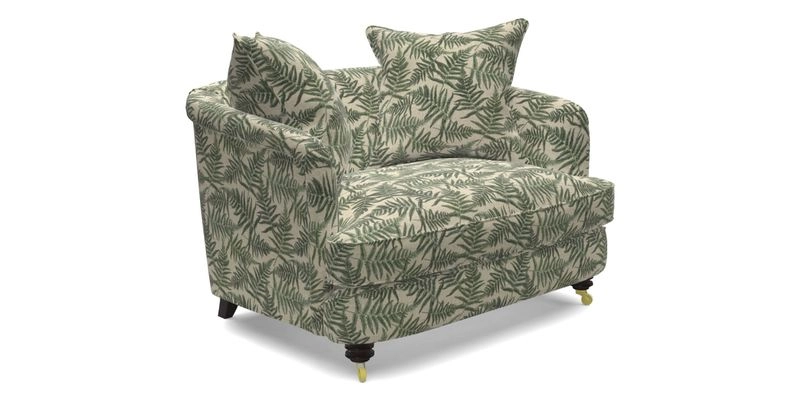 Helmsley Snuggler in V&A Threads of India Opulent Velvets Forest Creatures Hunter piping in Swiss Velvet Olive and scatter in Stockport Stripe Flame