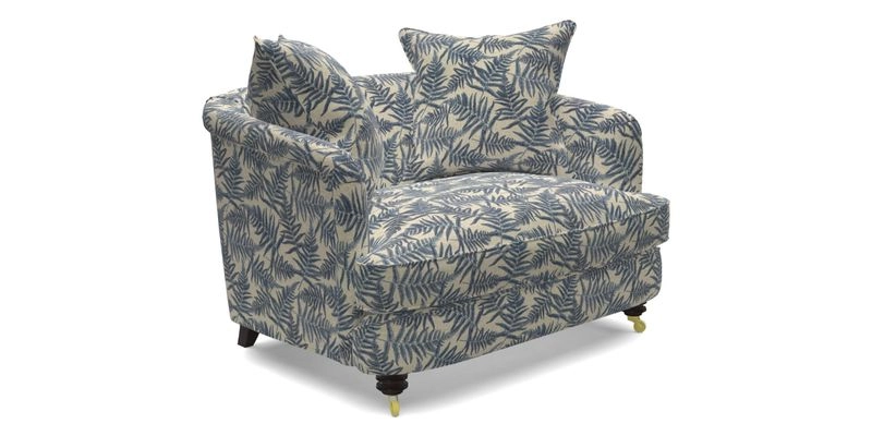 Helmsley Snuggler in V&A Threads of India Opulent Velvets Forest Creatures Hunter piping in Swiss Velvet Olive and scatter in Stockport Stripe Flame