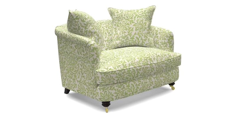 Helmsley Snuggler in V&A Threads of India Opulent Velvets Forest Creatures Hunter piping in Swiss Velvet Olive and scatter in Stockport Stripe Flame