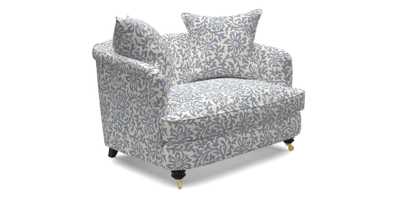 Helmsley Snuggler in V&A Threads of India Opulent Velvets Forest Creatures Hunter piping in Swiss Velvet Olive and scatter in Stockport Stripe Flame