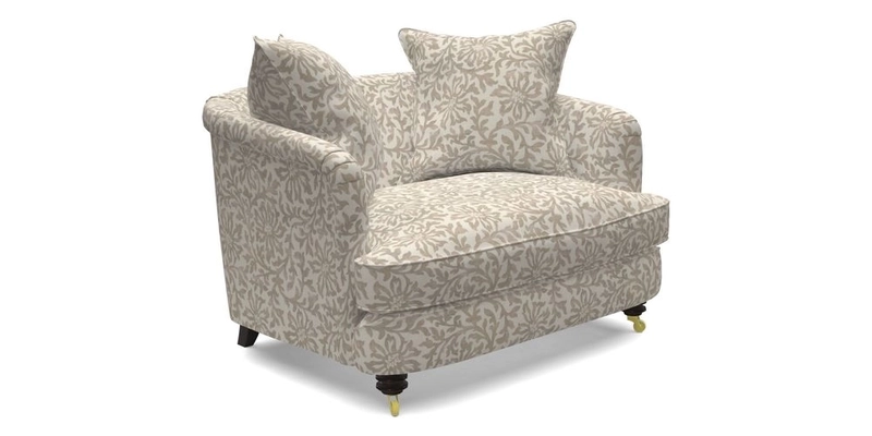 Helmsley Snuggler in V&A Threads of India Opulent Velvets Forest Creatures Hunter piping in Swiss Velvet Olive and scatter in Stockport Stripe Flame