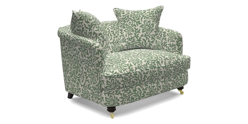 Helmsley Snuggler in V&A Threads of India Opulent Velvets Forest Creatures Hunter piping in Swiss Velvet Olive and scatter in Stockport Stripe Flame