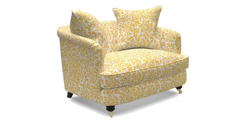 Helmsley Snuggler in V&A Threads of India Opulent Velvets Forest Creatures Hunter piping in Swiss Velvet Olive and scatter in Stockport Stripe Flame