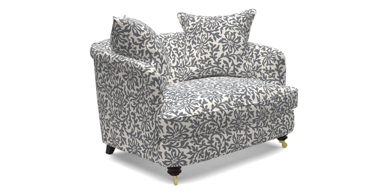 Helmsley Snuggler in V&A Threads of India Opulent Velvets Forest Creatures Hunter piping in Swiss Velvet Olive and scatter in Stockport Stripe Flame