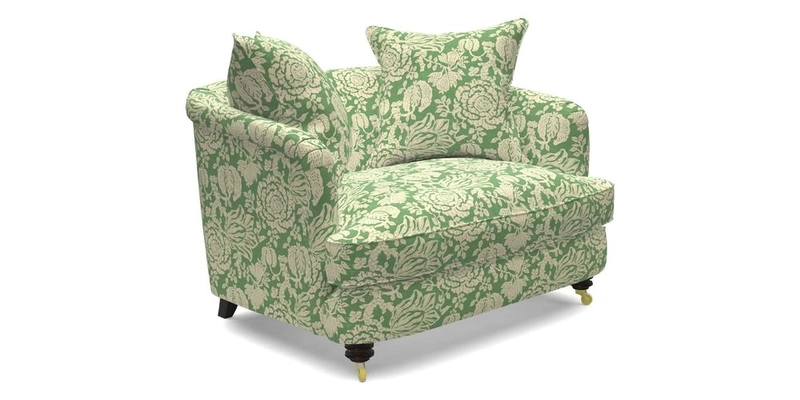 Helmsley Snuggler in V&A Threads of India Opulent Velvets Forest Creatures Hunter piping in Swiss Velvet Olive and scatter in Stockport Stripe Flame