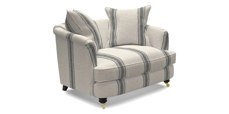 Helmsley Snuggler in V&A Threads of India Opulent Velvets Forest Creatures Hunter piping in Swiss Velvet Olive and scatter in Stockport Stripe Flame