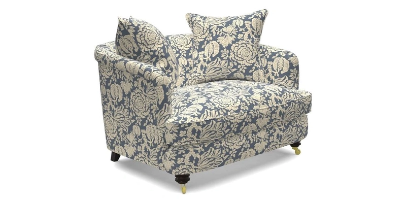 Helmsley Snuggler in V&A Threads of India Opulent Velvets Forest Creatures Hunter piping in Swiss Velvet Olive and scatter in Stockport Stripe Flame