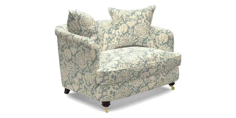 Helmsley Snuggler in V&A Threads of India Opulent Velvets Forest Creatures Hunter piping in Swiss Velvet Olive and scatter in Stockport Stripe Flame