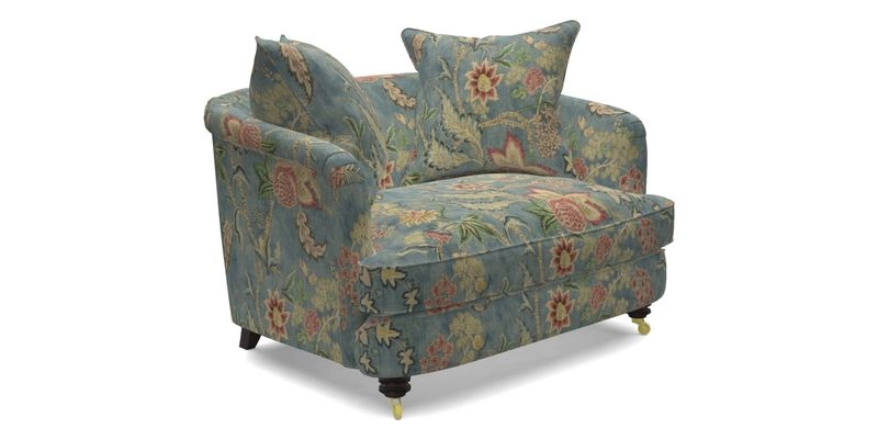 Helmsley Snuggler in V&A Threads of India Opulent Velvets Forest Creatures Hunter piping in Swiss Velvet Olive and scatter in Stockport Stripe Flame