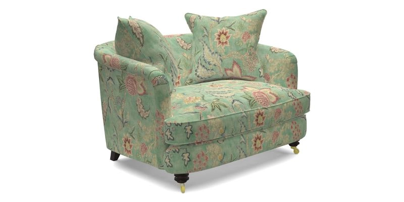 Helmsley Snuggler in V&A Threads of India Opulent Velvets Forest Creatures Hunter piping in Swiss Velvet Olive and scatter in Stockport Stripe Flame