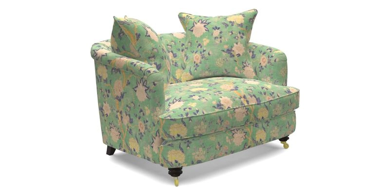 Helmsley Snuggler in V&A Threads of India Opulent Velvets Forest Creatures Hunter piping in Swiss Velvet Olive and scatter in Stockport Stripe Flame