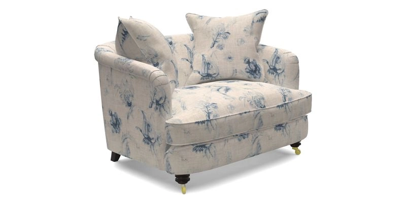 Helmsley Snuggler in V&A Threads of India Opulent Velvets Forest Creatures Hunter piping in Swiss Velvet Olive and scatter in Stockport Stripe Flame