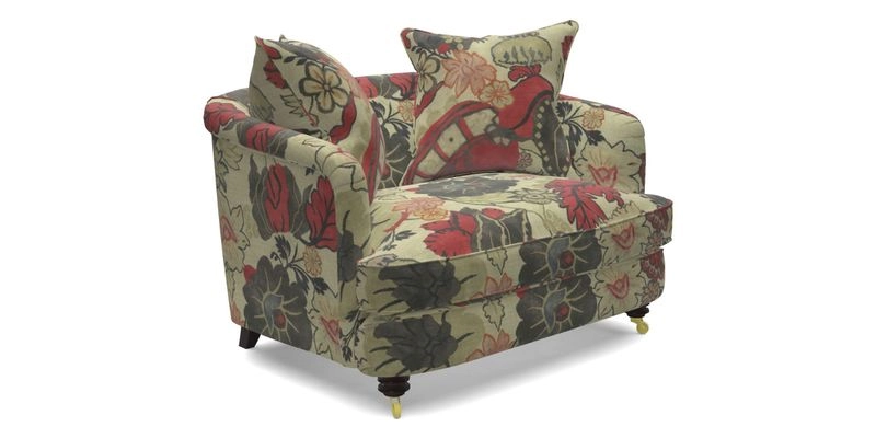 Helmsley Snuggler in V&A Threads of India Opulent Velvets Forest Creatures Hunter piping in Swiss Velvet Olive and scatter in Stockport Stripe Flame