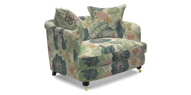 Helmsley Snuggler in V&A Threads of India Opulent Velvets Forest Creatures Hunter piping in Swiss Velvet Olive and scatter in Stockport Stripe Flame