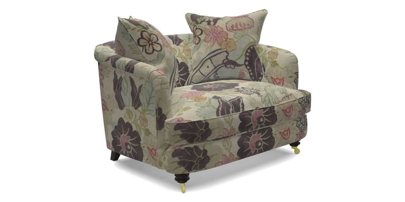 Helmsley Snuggler in V&A Threads of India Opulent Velvets Forest Creatures Hunter piping in Swiss Velvet Olive and scatter in Stockport Stripe Flame