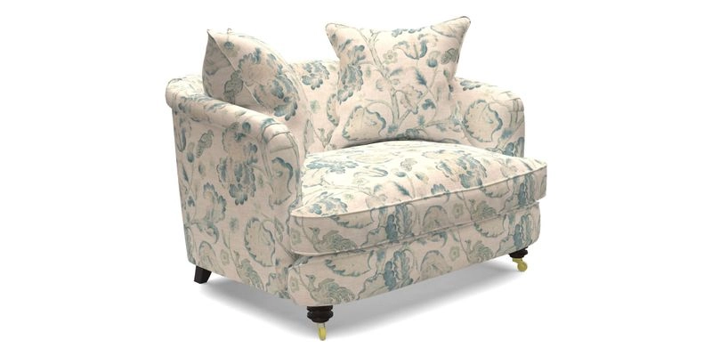 Helmsley Snuggler in V&A Threads of India Opulent Velvets Forest Creatures Hunter piping in Swiss Velvet Olive and scatter in Stockport Stripe Flame