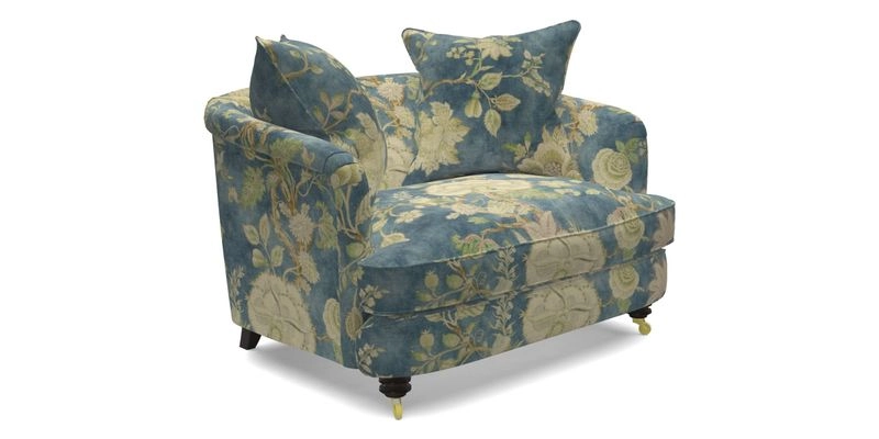 Helmsley Snuggler in V&A Threads of India Opulent Velvets Forest Creatures Hunter piping in Swiss Velvet Olive and scatter in Stockport Stripe Flame