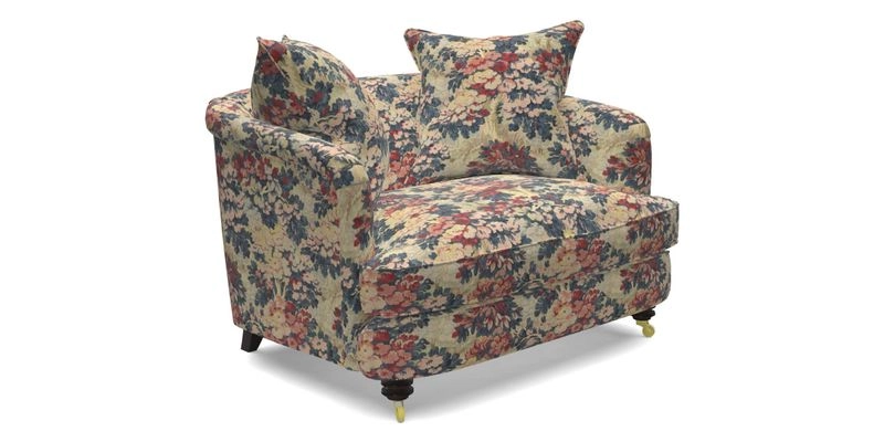 Helmsley Snuggler in V&A Threads of India Opulent Velvets Forest Creatures Hunter piping in Swiss Velvet Olive and scatter in Stockport Stripe Flame