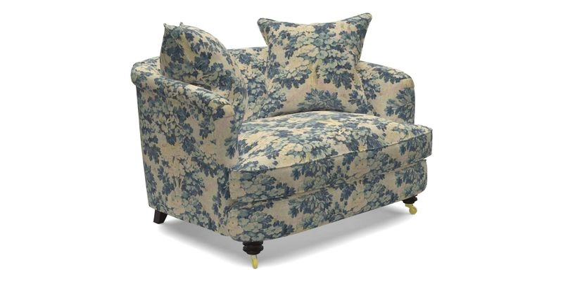 Helmsley Snuggler in V&A Threads of India Opulent Velvets Forest Creatures Hunter piping in Swiss Velvet Olive and scatter in Stockport Stripe Flame