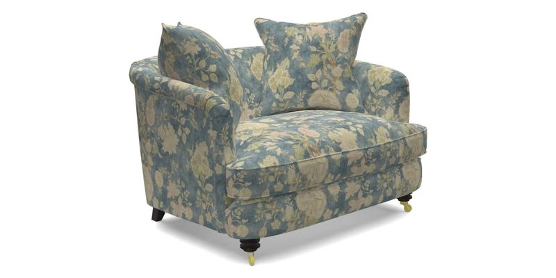 Helmsley Snuggler in V&A Threads of India Opulent Velvets Forest Creatures Hunter piping in Swiss Velvet Olive and scatter in Stockport Stripe Flame