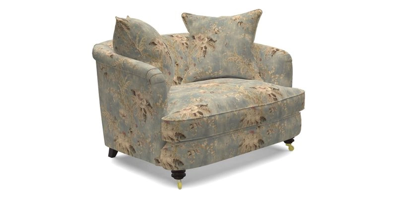 Helmsley Snuggler in V&A Threads of India Opulent Velvets Forest Creatures Hunter piping in Swiss Velvet Olive and scatter in Stockport Stripe Flame