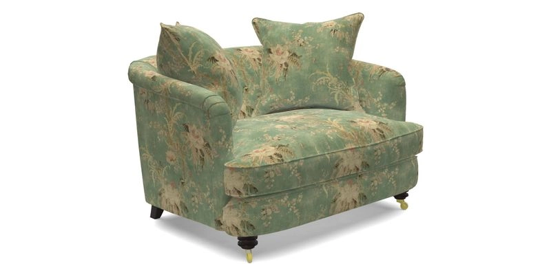 Helmsley Snuggler in V&A Threads of India Opulent Velvets Forest Creatures Hunter piping in Swiss Velvet Olive and scatter in Stockport Stripe Flame