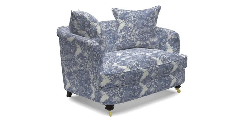 Helmsley Snuggler in V&A Threads of India Opulent Velvets Forest Creatures Hunter piping in Swiss Velvet Olive and scatter in Stockport Stripe Flame