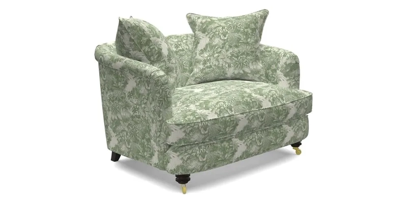 Helmsley Snuggler in V&A Threads of India Opulent Velvets Forest Creatures Hunter piping in Swiss Velvet Olive and scatter in Stockport Stripe Flame