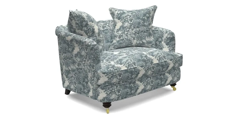 Helmsley Snuggler in V&A Threads of India Opulent Velvets Forest Creatures Hunter piping in Swiss Velvet Olive and scatter in Stockport Stripe Flame