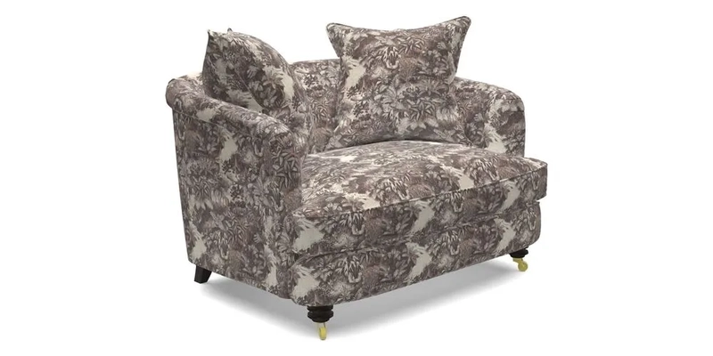 Helmsley Snuggler in V&A Threads of India Opulent Velvets Forest Creatures Hunter piping in Swiss Velvet Olive and scatter in Stockport Stripe Flame