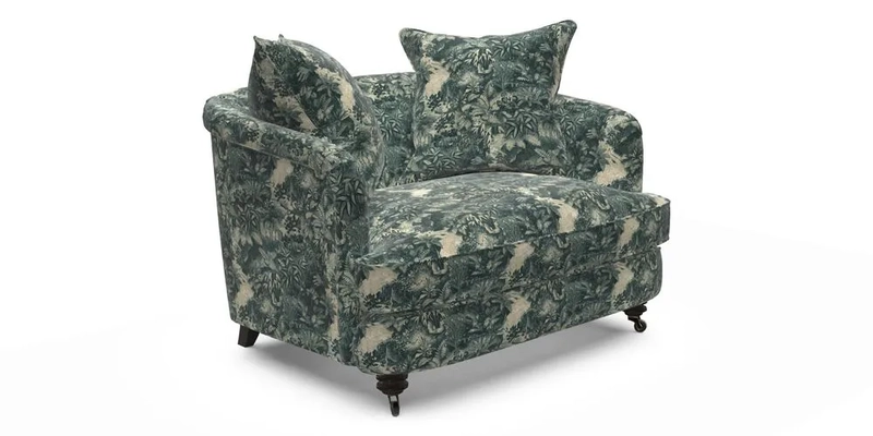 Helmsley Snuggler in V&A Threads of India Opulent Velvets Forest Creatures Hunter piping in Swiss Velvet Olive and scatter in Stockport Stripe Flame