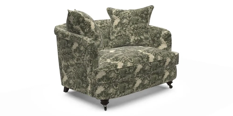 Helmsley Snuggler in V&A Threads of India Opulent Velvets Forest Creatures Hunter piping in Swiss Velvet Olive and scatter in Stockport Stripe Flame