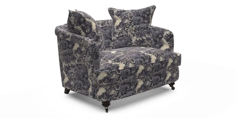 Helmsley Snuggler in V&A Threads of India Opulent Velvets Forest Creatures Hunter piping in Swiss Velvet Olive and scatter in Stockport Stripe Flame