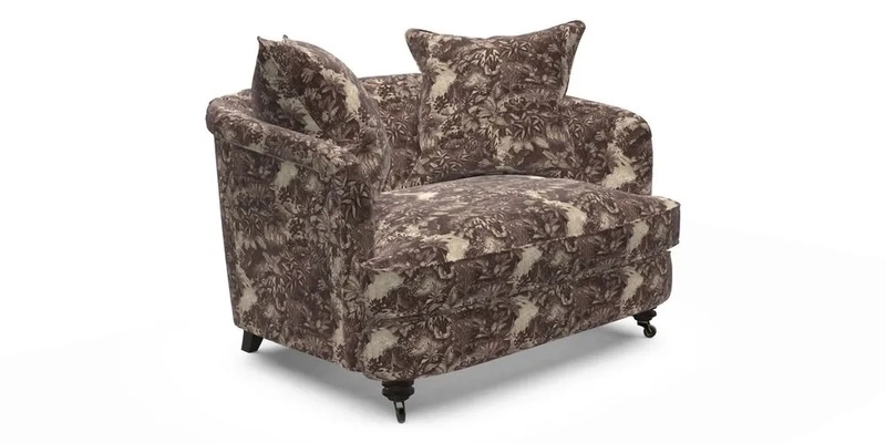 Helmsley Snuggler in V&A Threads of India Opulent Velvets Forest Creatures Hunter piping in Swiss Velvet Olive and scatter in Stockport Stripe Flame