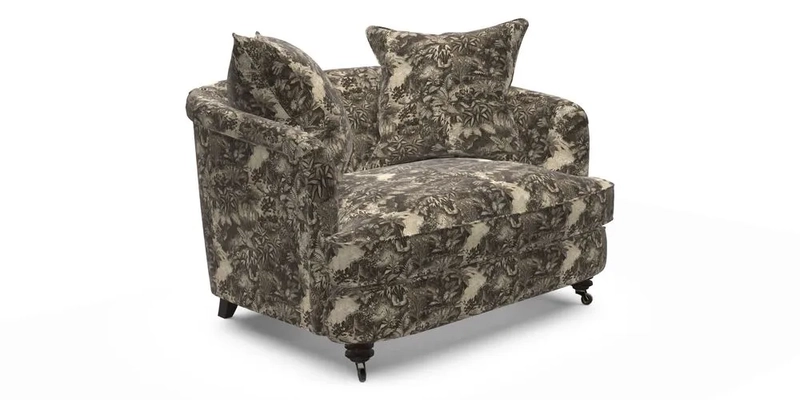 Helmsley Snuggler in V&A Threads of India Opulent Velvets Forest Creatures Hunter piping in Swiss Velvet Olive and scatter in Stockport Stripe Flame