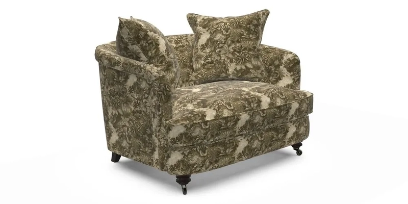 Helmsley Snuggler in V&A Threads of India Opulent Velvets Forest Creatures Hunter piping in Swiss Velvet Olive and scatter in Stockport Stripe Flame