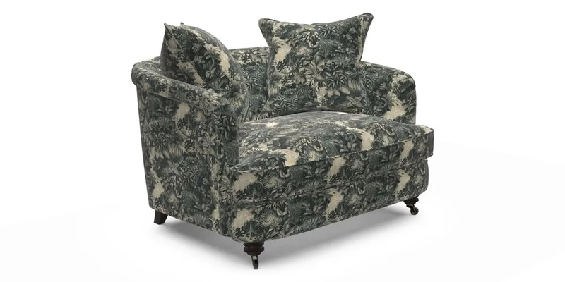 Helmsley Snuggler in V&A Threads of India Opulent Velvets Forest Creatures Hunter piping in Swiss Velvet Olive and scatter in Stockport Stripe Flame