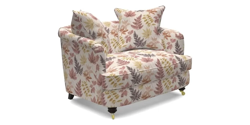 Helmsley Snuggler in V&A Threads of India Opulent Velvets Forest Creatures Hunter piping in Swiss Velvet Olive and scatter in Stockport Stripe Flame