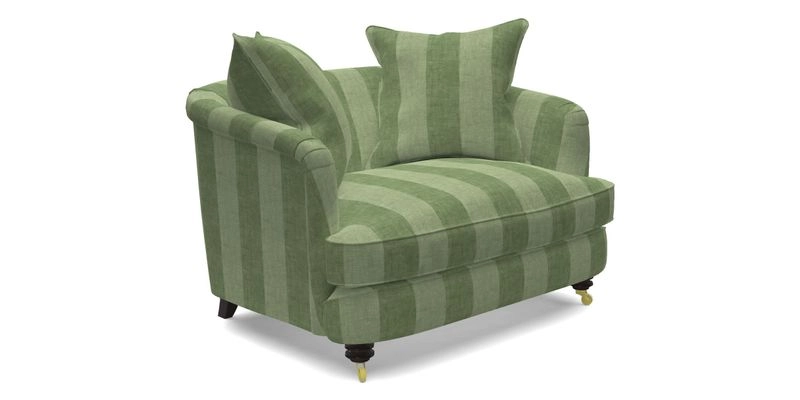 Helmsley Snuggler in V&A Threads of India Opulent Velvets Forest Creatures Hunter piping in Swiss Velvet Olive and scatter in Stockport Stripe Flame