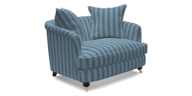 Helmsley Snuggler in V&A Threads of India Opulent Velvets Forest Creatures Hunter piping in Swiss Velvet Olive and scatter in Stockport Stripe Flame