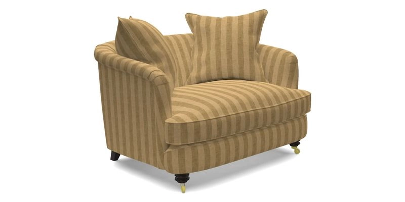 Helmsley Snuggler in V&A Threads of India Opulent Velvets Forest Creatures Hunter piping in Swiss Velvet Olive and scatter in Stockport Stripe Flame