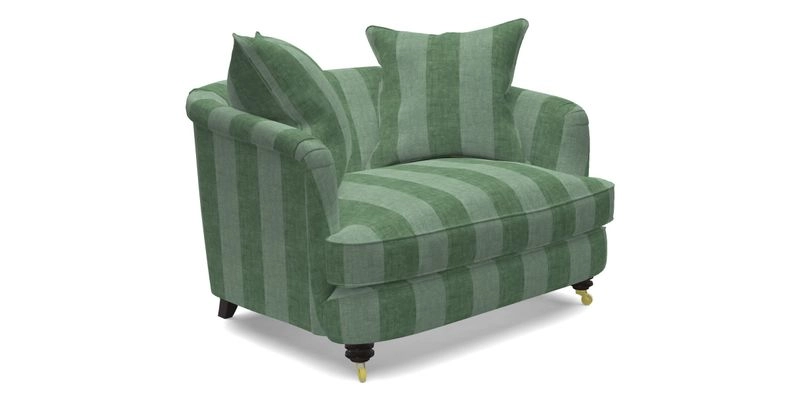 Helmsley Snuggler in V&A Threads of India Opulent Velvets Forest Creatures Hunter piping in Swiss Velvet Olive and scatter in Stockport Stripe Flame