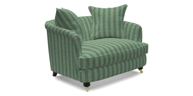 Helmsley Snuggler in V&A Threads of India Opulent Velvets Forest Creatures Hunter piping in Swiss Velvet Olive and scatter in Stockport Stripe Flame