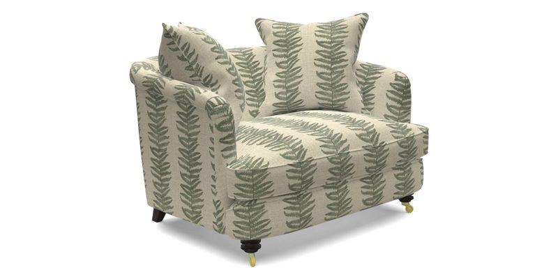 Helmsley Snuggler in V&A Threads of India Opulent Velvets Forest Creatures Hunter piping in Swiss Velvet Olive and scatter in Stockport Stripe Flame