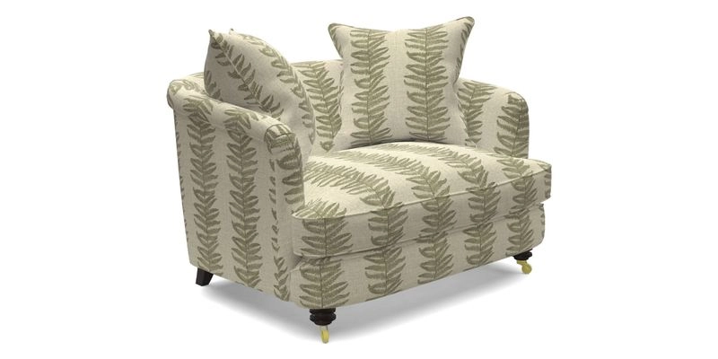 Helmsley Snuggler in V&A Threads of India Opulent Velvets Forest Creatures Hunter piping in Swiss Velvet Olive and scatter in Stockport Stripe Flame