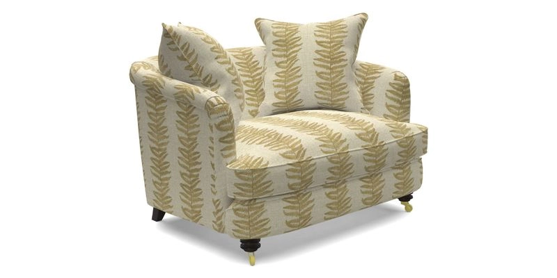 Helmsley Snuggler in V&A Threads of India Opulent Velvets Forest Creatures Hunter piping in Swiss Velvet Olive and scatter in Stockport Stripe Flame