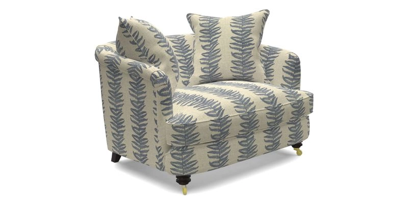 Helmsley Snuggler in V&A Threads of India Opulent Velvets Forest Creatures Hunter piping in Swiss Velvet Olive and scatter in Stockport Stripe Flame