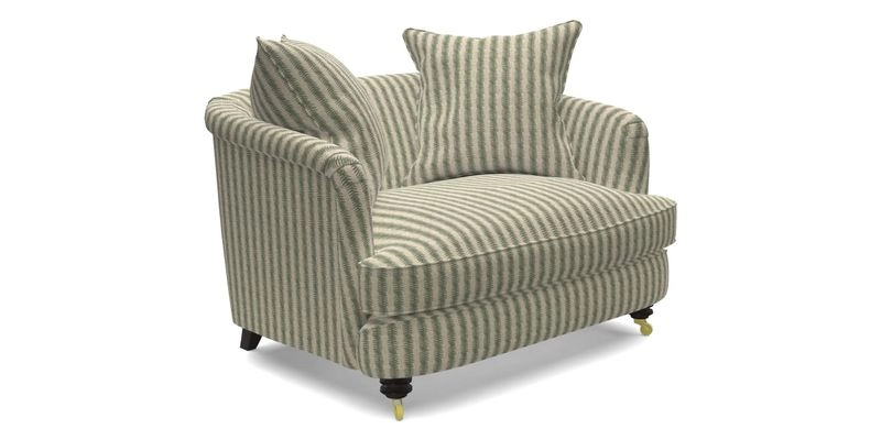 Helmsley Snuggler in V&A Threads of India Opulent Velvets Forest Creatures Hunter piping in Swiss Velvet Olive and scatter in Stockport Stripe Flame